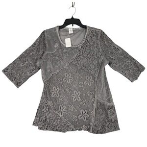 This That Mixed Media Lace Top Women M Floral Patchwork Three Quarter Sleeve